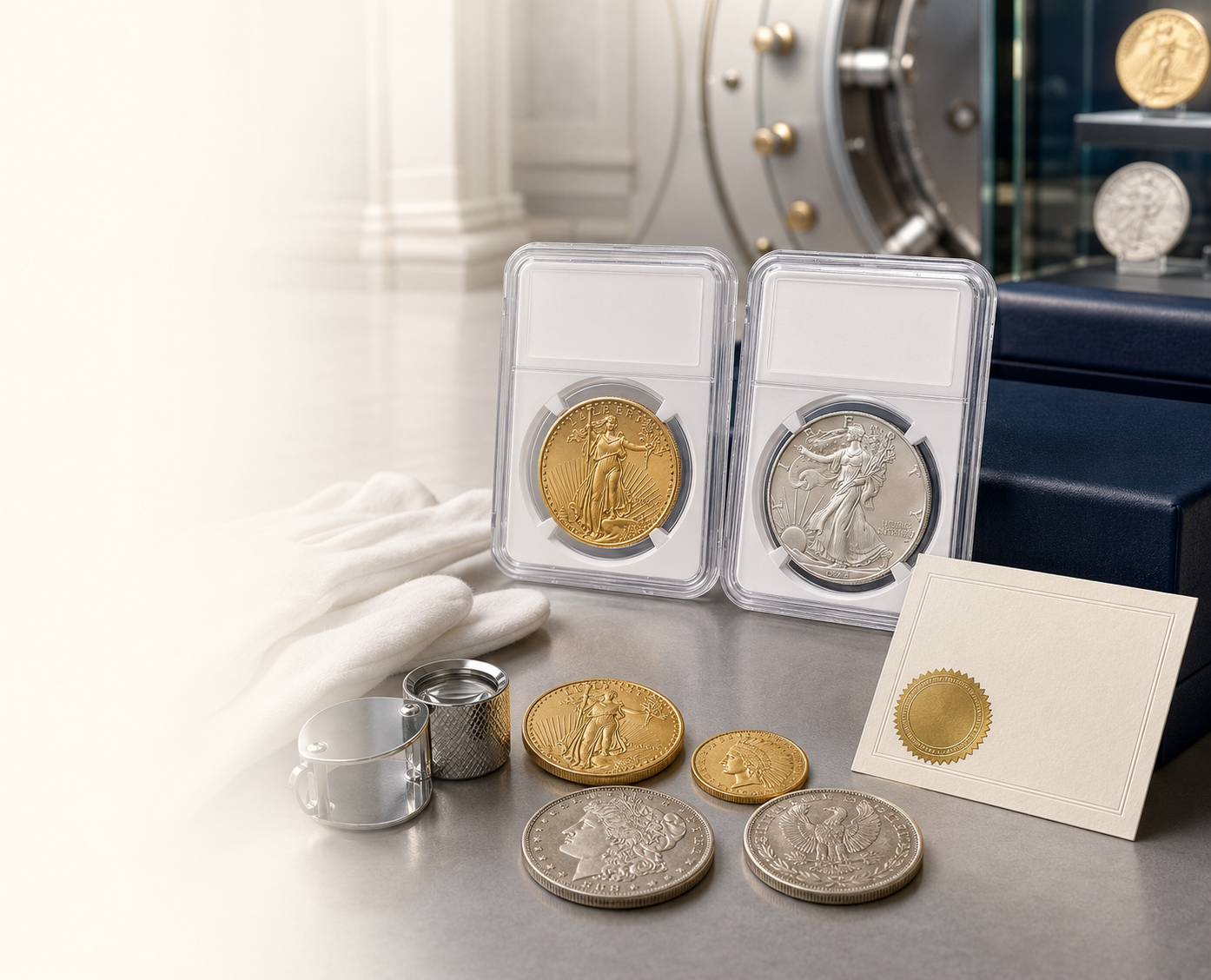 Professional inspection of certified gold and silver collectible coins